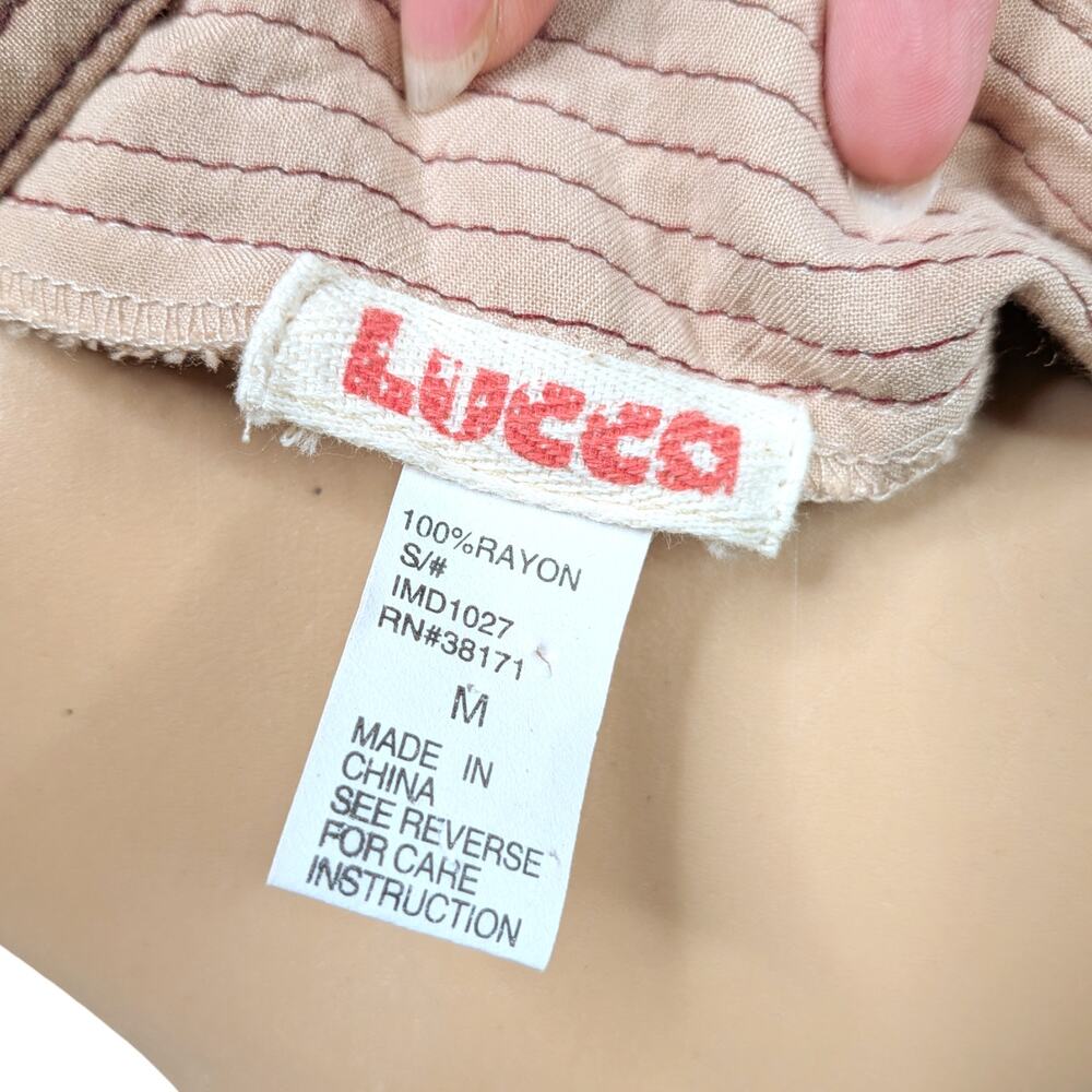 Vintage Y2K Lucca Beige Rayon Floral Eyelet Milkmaid Babydoll Mini Dress Medium - Picture 10 of 11